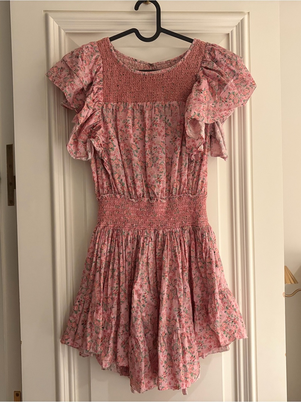LoveShackFancy Pink Floral Smocked Mini Dress